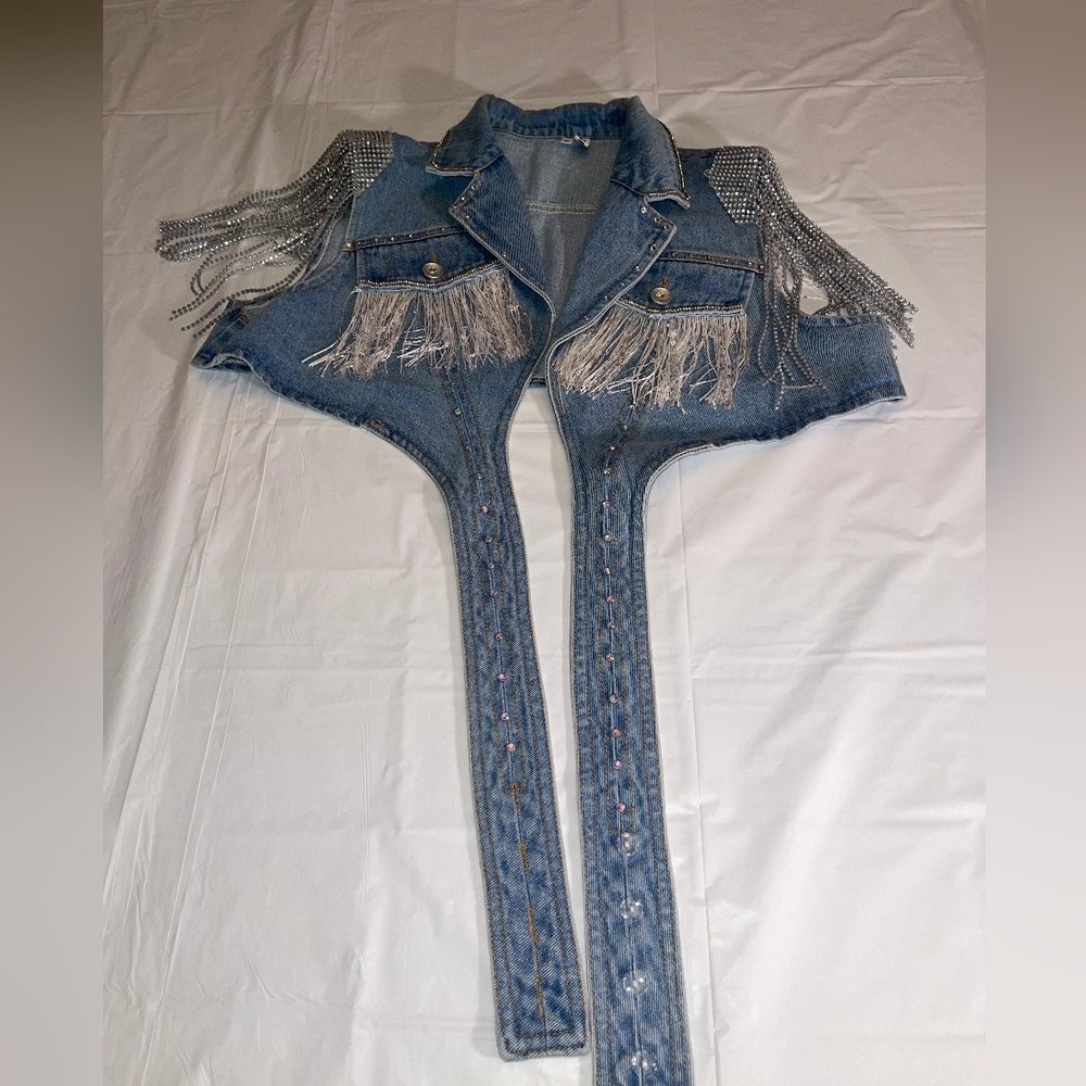 Custom Denim Vest \ Swarovski Stones & Fringe Sleeves “where my cowgirls”